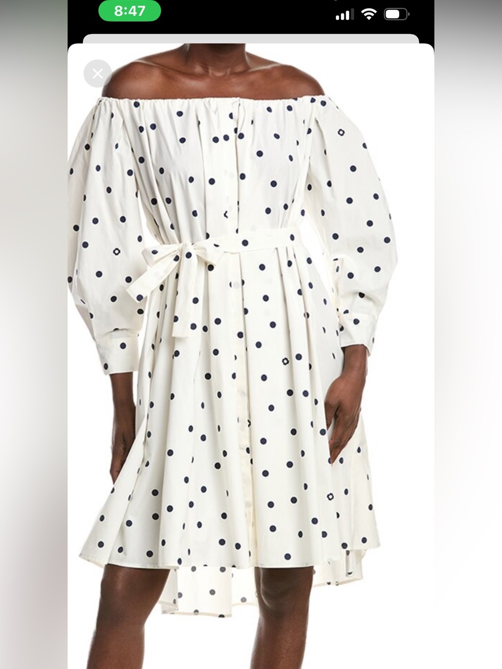 Maje Off the Shoulder White Polka Dot Dress with Belt Balloon sleeves NWT